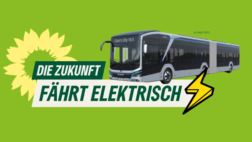 Ein Bus ist zu sehen mit dem Titel "Die Zukunft fährt elektisch"